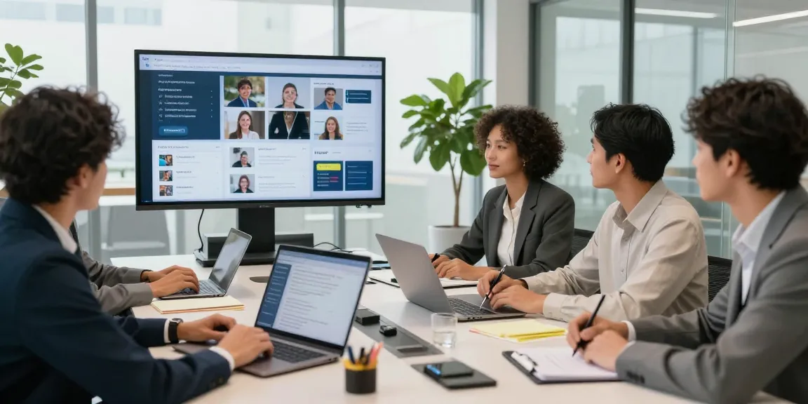 Social Recruiting Agentur in einem modernen Meetingraum mit einem multikulturellen Team, das an einer Rekrutierungsstrategie arbeitet.