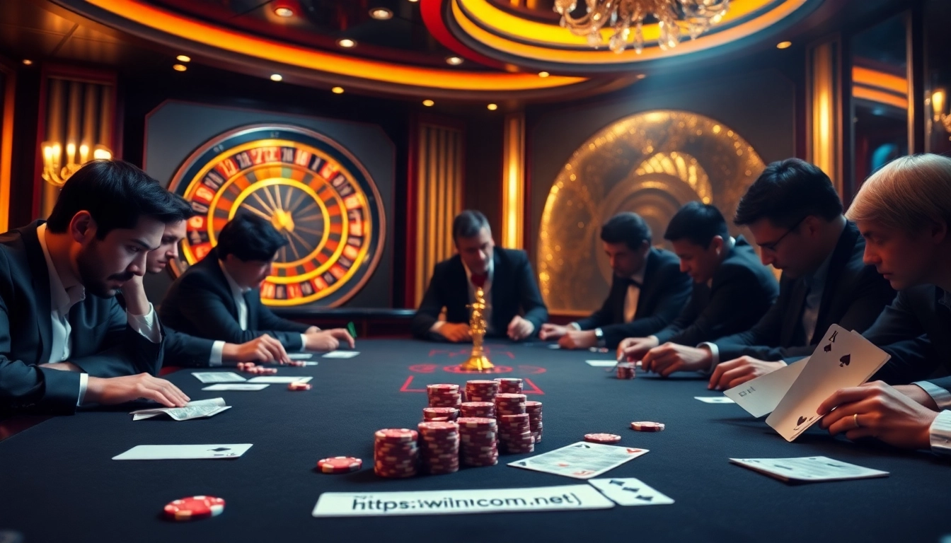 Players engage in an intense poker game at a luxurious table showcasing https://kuwincom.net/ betting strategies.