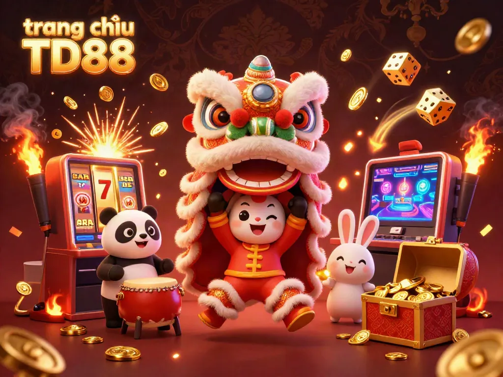 Engage with vibrant gameplay on trang chủ TD88 featuring an exciting casino scene with slot machines and festive characters.