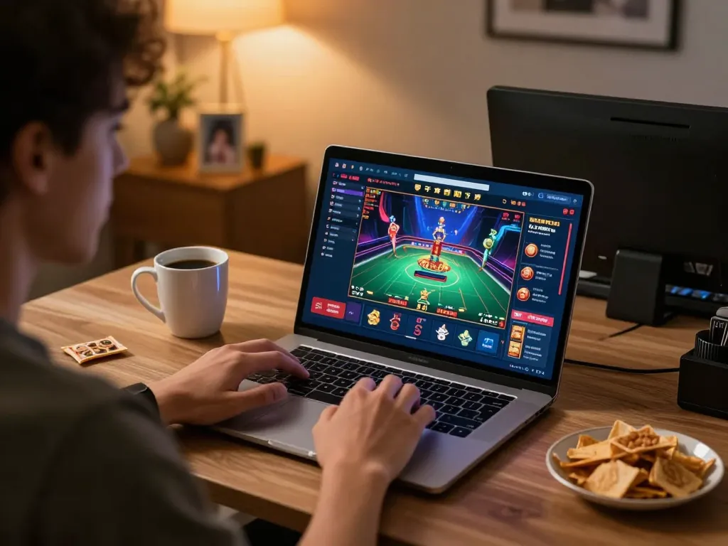 Playing dynamic online casino games at https://kkwinzz.com/ on a stylish home setup with engaging atmosphere