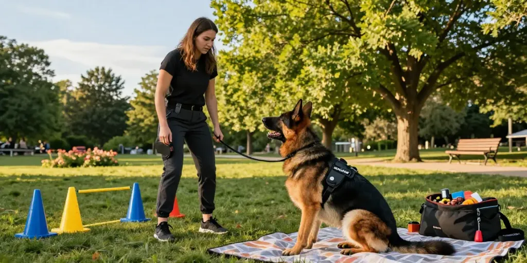 Dog trainer using ROKOK88 gear for effective K9 training in a vibrant outdoor park.
