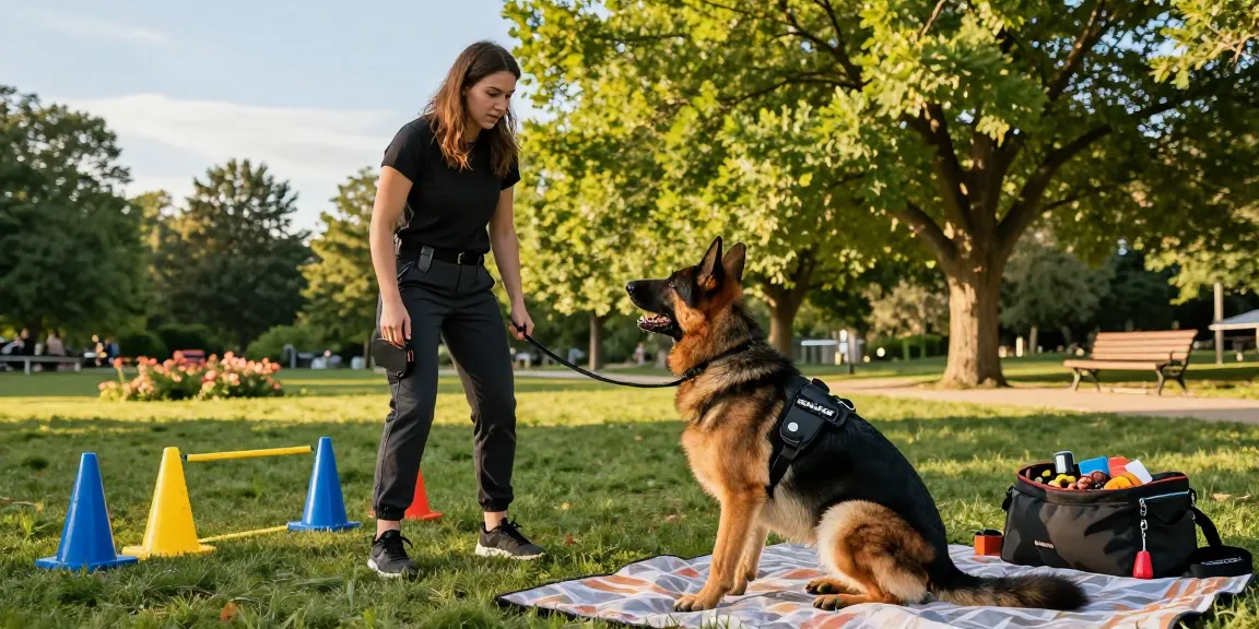 Dog trainer using ROKOK88 gear for effective K9 training in a vibrant outdoor park.