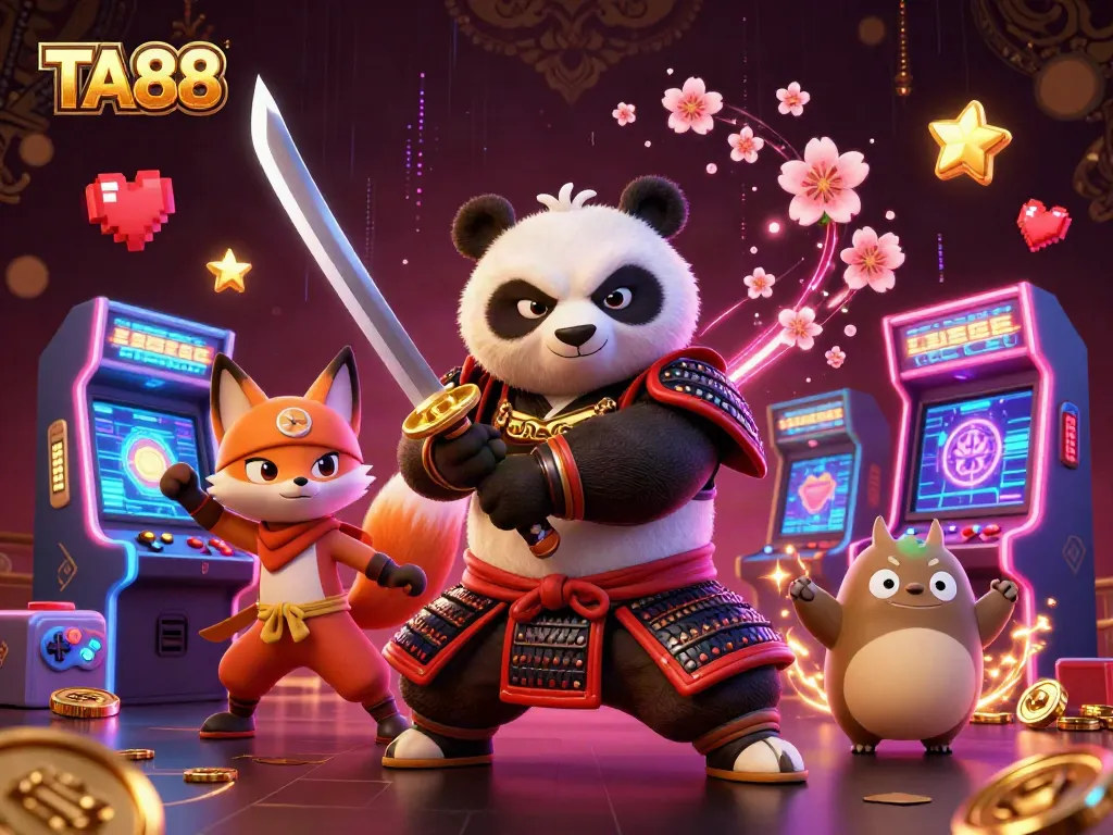 Experience thrilling gameplay at TA88 with a vibrant 3D casino scene featuring samurai panda and ninja fox.