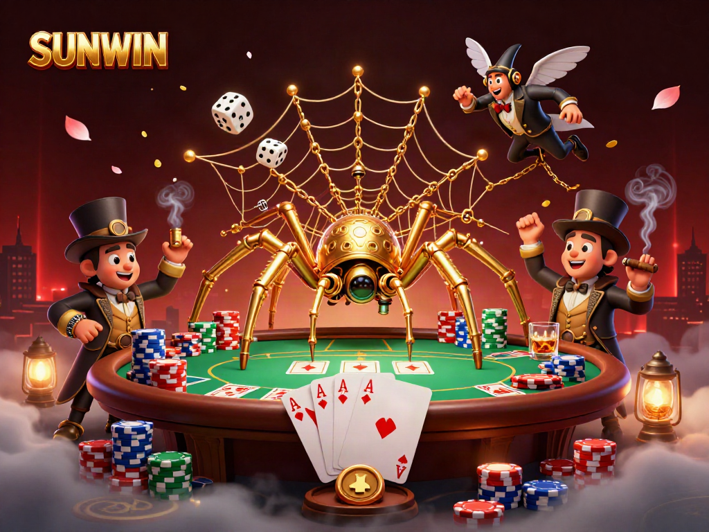 Experience the thrill of SUNWIN with a steampunk spider capturing dice amidst poker excitement.
