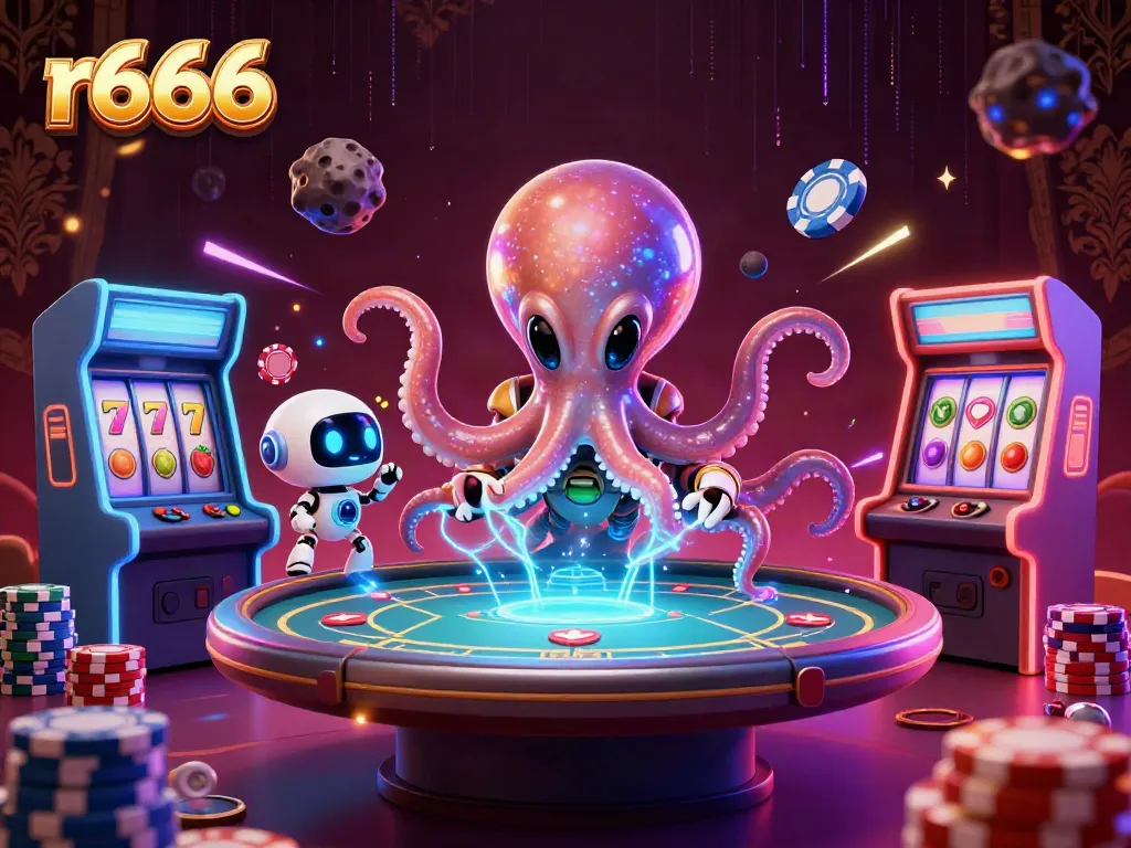 Play dynamic poker with the r666 alien octopus and exciting asteroid chips in a vibrant casino scene.