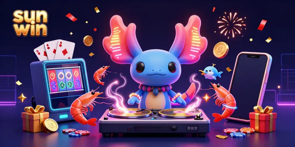 Experience the excitement of 'sun win' with a vibrant 3D casino scene featuring animated characters and slot elements.