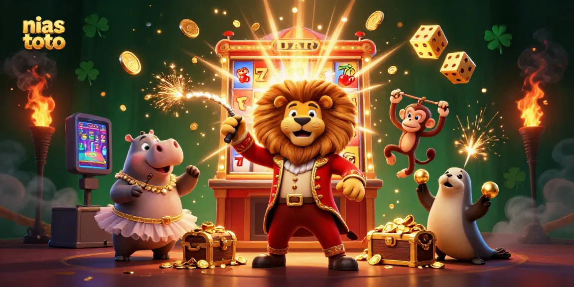Permainan kasino di Nias Toto dengan singa pemimpin sirkus dan hippo berbaju tutu.