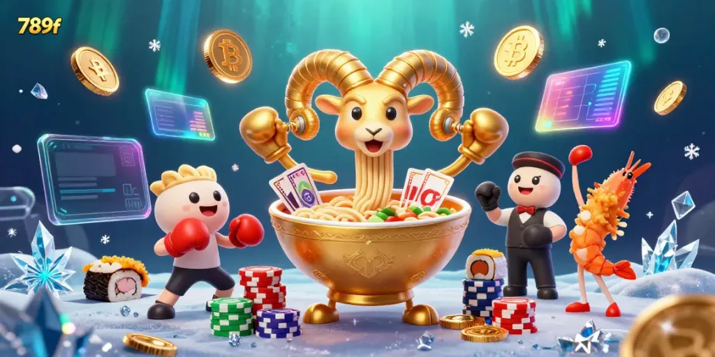 Experience the thrill of 789f with vibrant casino characters, neon crypto symbols, and dynamic gaming elements.