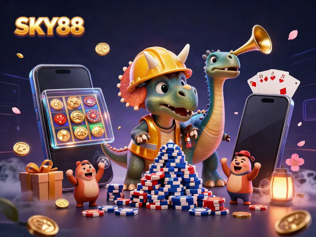 SKY88 showcases a 3D triceratops building poker chips, with vibrant casino elements surrounding.
