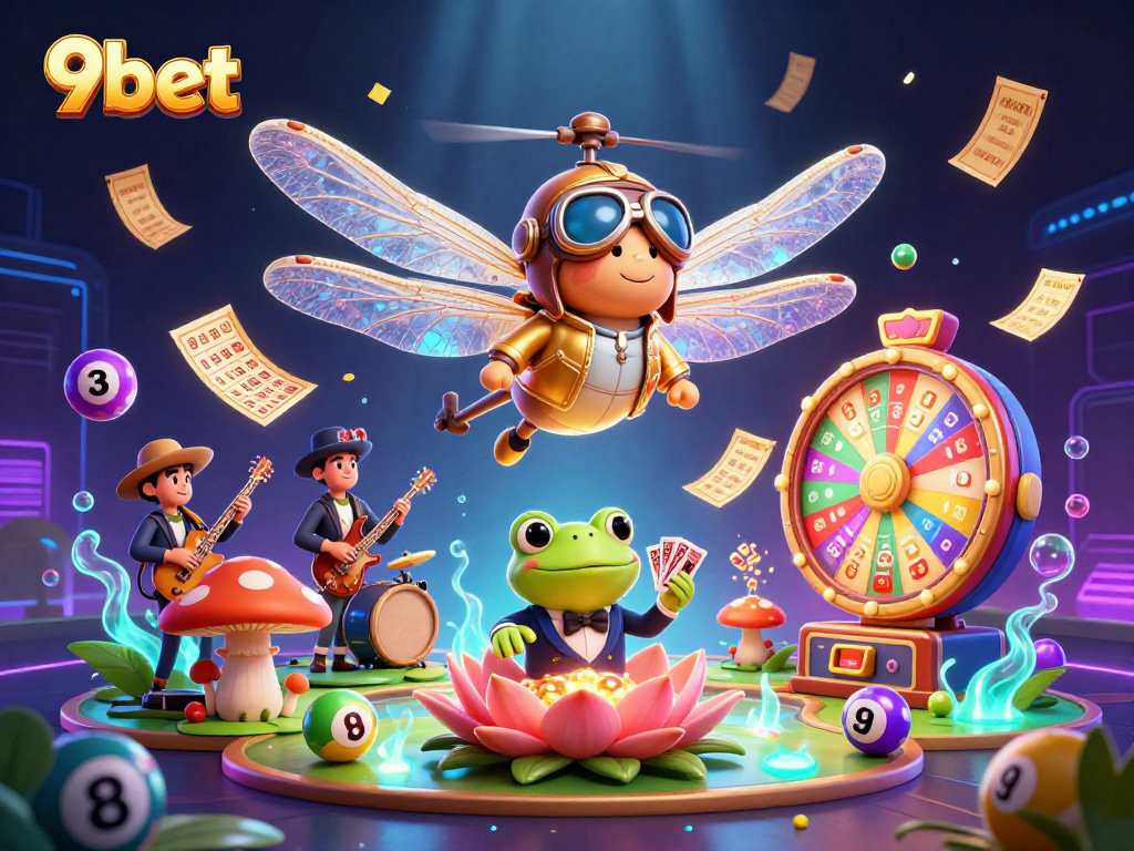 Engage with 9bet's vibrant casino world featuring a dragonfly pilot and frog croupier.