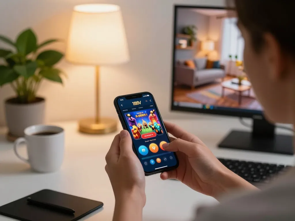 Engaging in online gaming at http://188v.me/ with a smartphone displaying casino app in a cozy home setting.