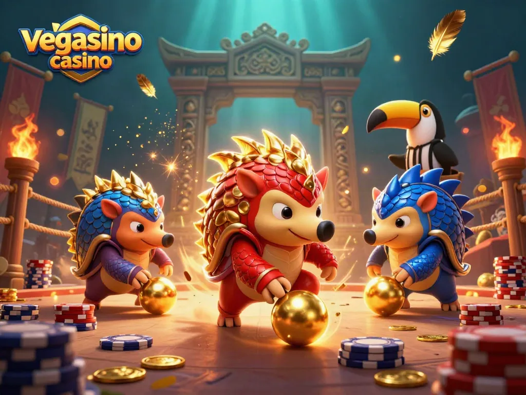 Experience excitement at vegasino casino with a dynamic bowling game featuring playful pangolins and poker chips.