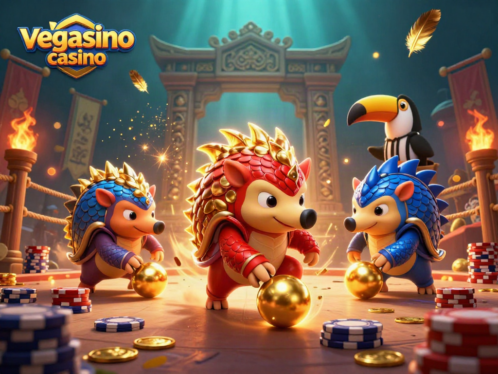 Experience excitement at vegasino casino with a dynamic bowling game featuring playful pangolins and poker chips.