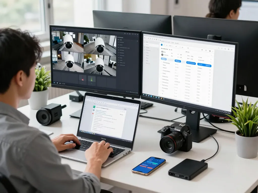Arbeitsbereich für E-Mail-Management und Überwachungs-Konfiguration mit einem IT-Experten an Dual-Monitoren mit Synology-Software.