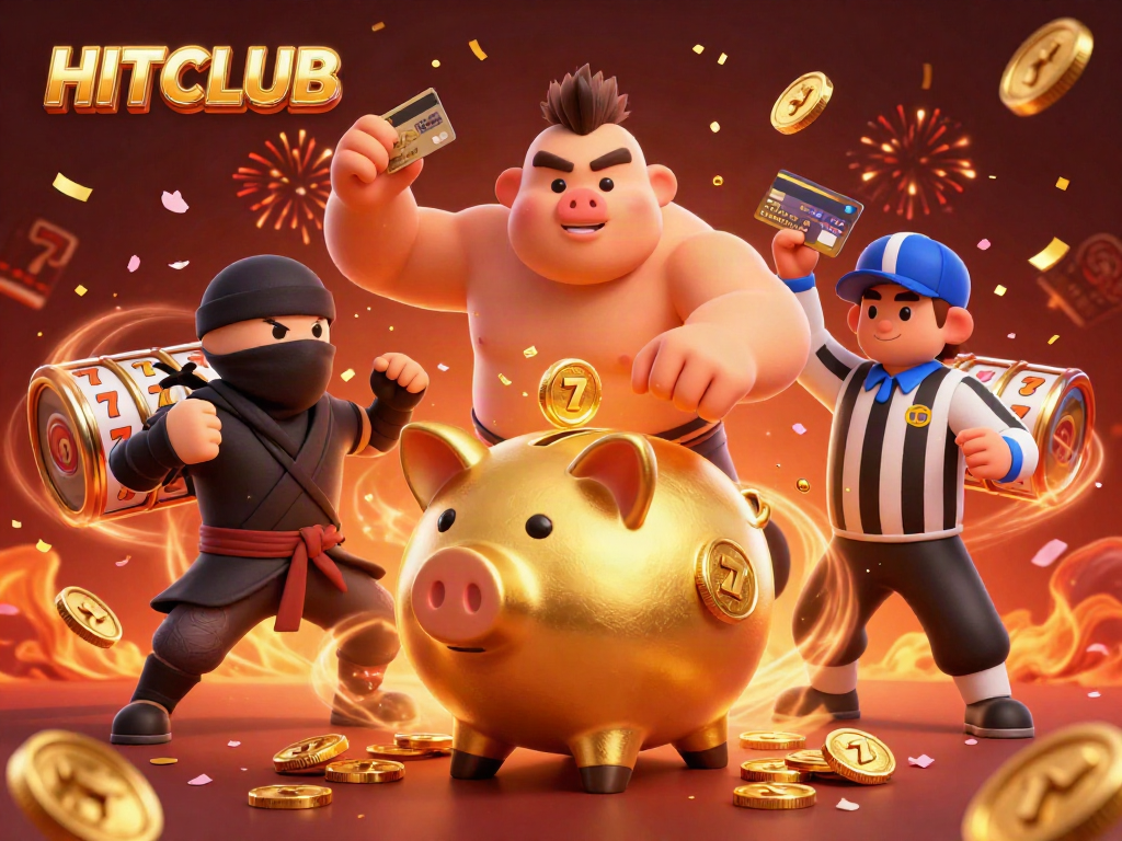 Engage with HITCLUB's vibrant gaming scene featuring a dynamic, elaborate celebration of slot reels and animated characters.