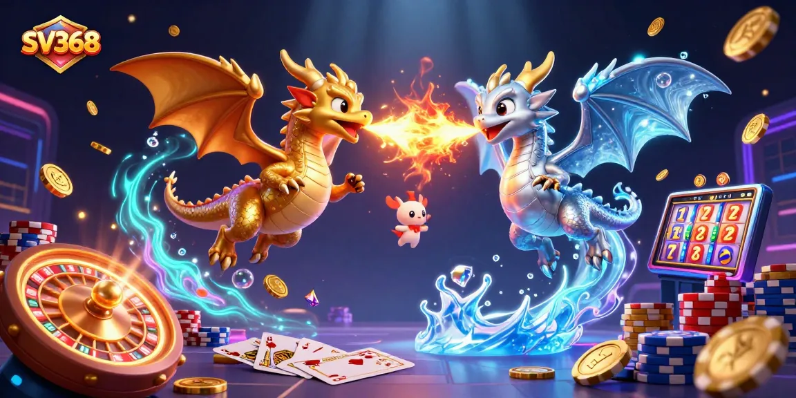 SV368 showcases a vibrant casino scene with twin dragons and gaming elements.