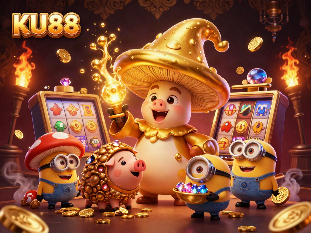 KU88 features an enchanting mushroom wizard, enhancing the casino magic with gold and treasures.