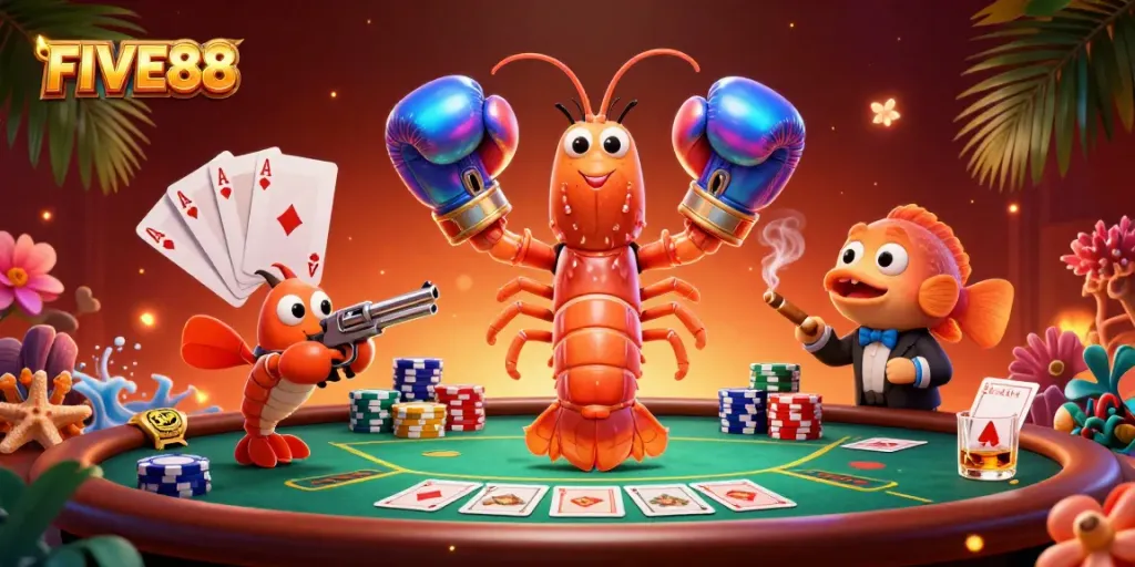Engage in thrilling poker action at FIVE88 with vibrant shrimp characters amidst dynamic casino elements.