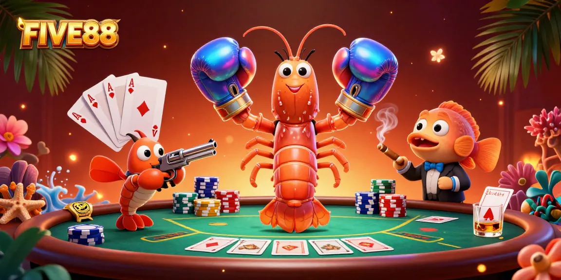 Engage in thrilling poker action at FIVE88 with vibrant shrimp characters amidst dynamic casino elements.