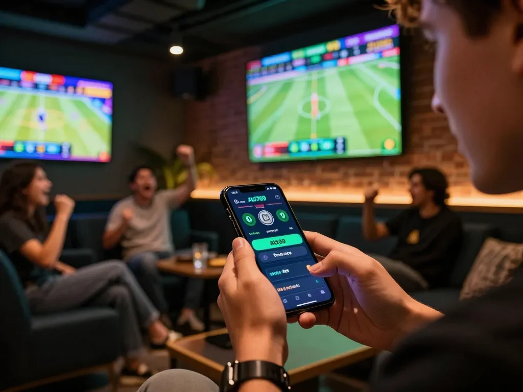 Alo789 user engaging in live sports betting via mobile app, capturing excitement in vibrant lounge atmosphere