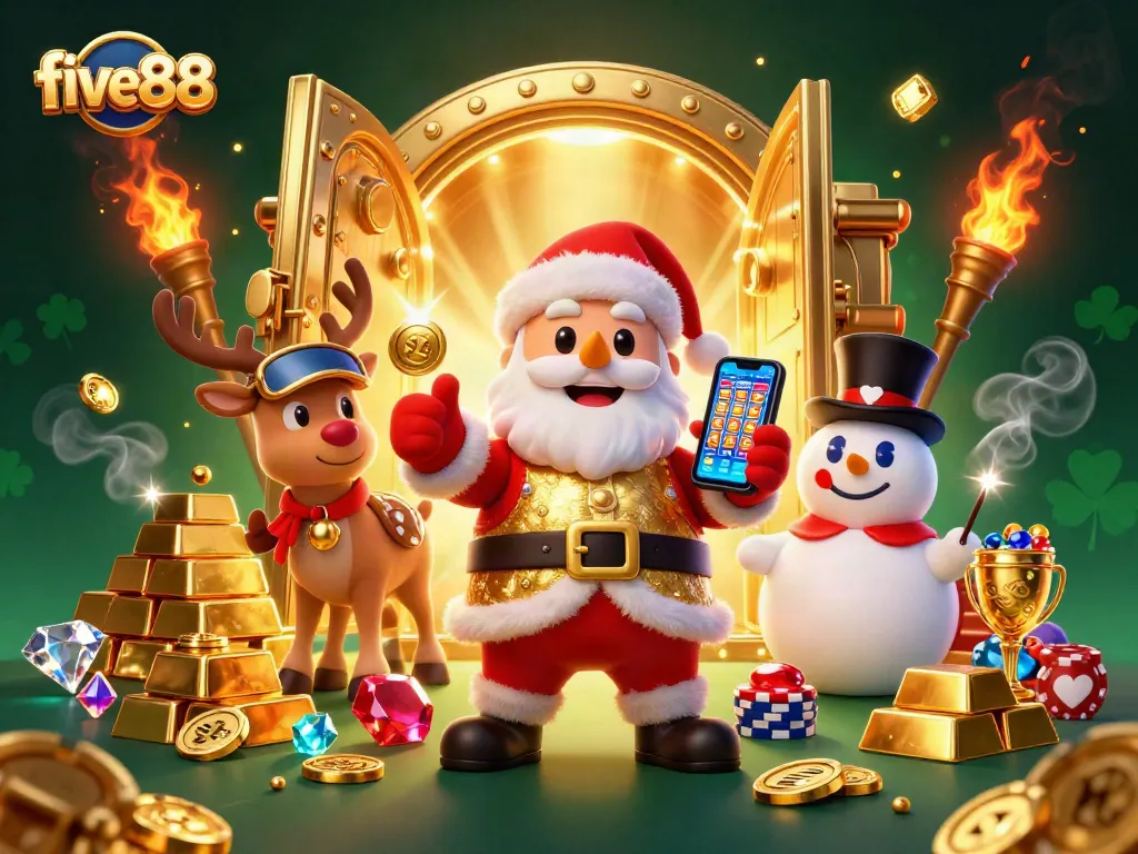 Engage with five88's vibrant casino atmosphere featuring Santa and friends celebrating a jackpot.