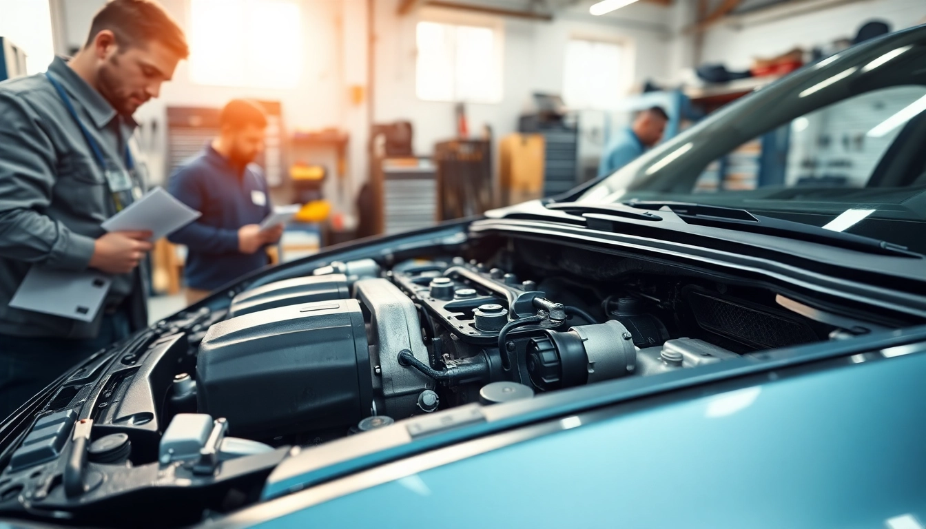 Auto mit Motorschaden verkaufen: Mechanic inspecting damaged engine in a professional garage.