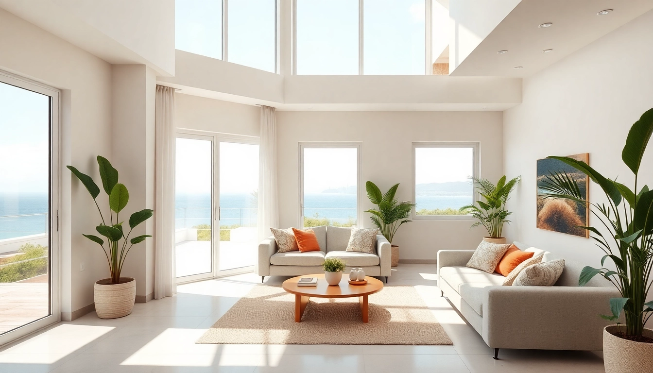 Stylish living room featuring properties for immobilien nordzypern kaufen with breathtaking views of the Mediterranean Sea.