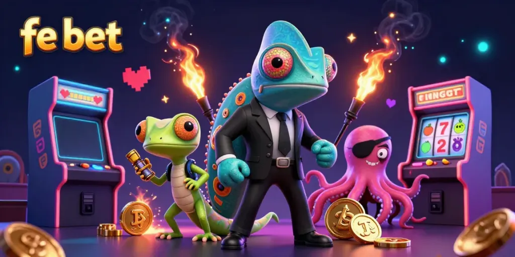 Engaging scene depicting fe bet characters in a vibrant casino, showcasing colorful 3D machines and jackpots.