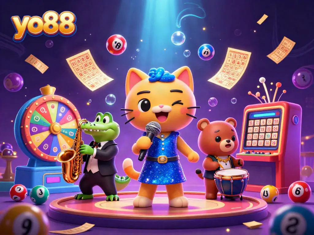 Engage with yo88's vibrant gaming scene featuring color-rich lottery elements and lively character interactions.