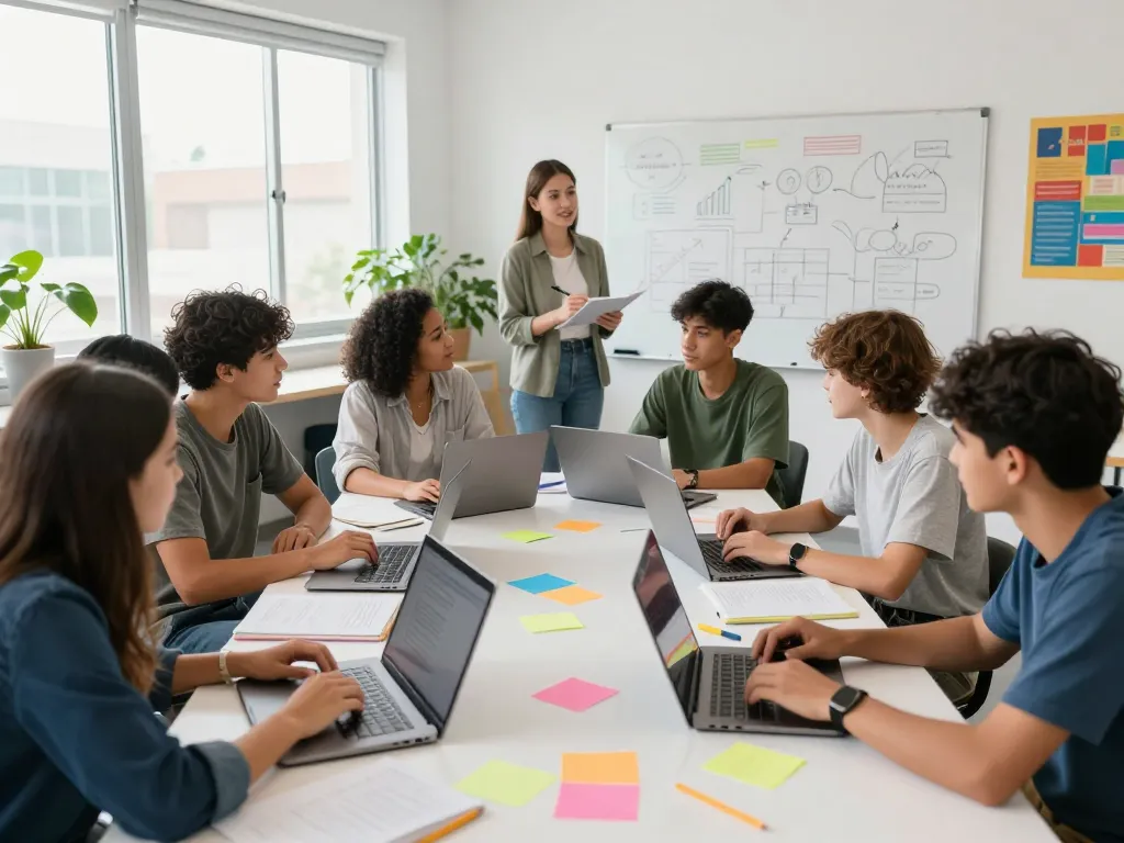 Schüler, die in einem hellen Klassenzimmer an Hausaufgaben Löser Projekten zusammenarbeiten und Lernprozesse zeigen.