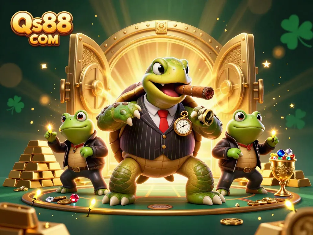 Engage with Qs88 COM in a vibrant casino scene featuring a snapping turtle in a vintage suit and bullfrog enforcers.