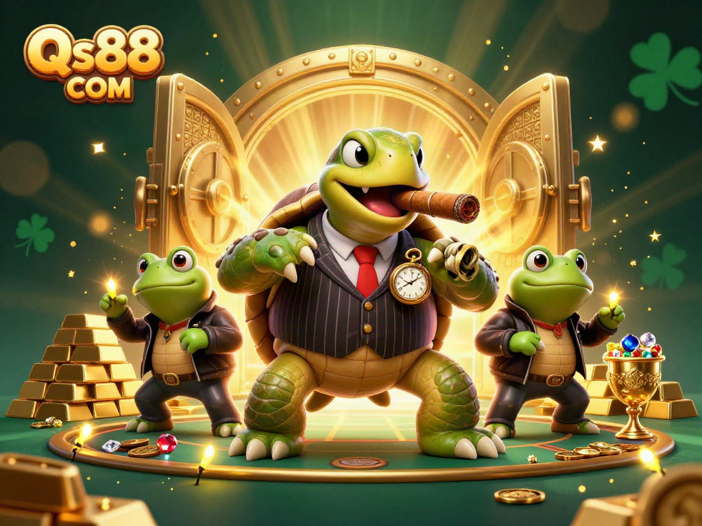 Engage with Qs88 COM in a vibrant casino scene featuring a snapping turtle in a vintage suit and bullfrog enforcers.