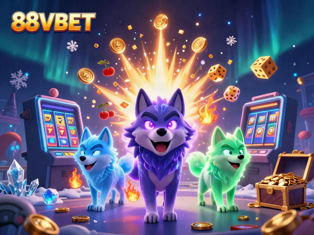 Win big at 88VBET with a thrilling scene of a wolf pack leader celebrating jackpots in a vibrant casino