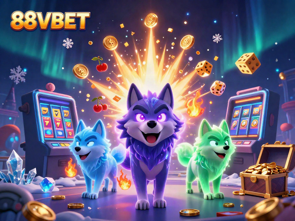 Win big at 88VBET with a thrilling scene of a wolf pack leader celebrating jackpots in a vibrant casino