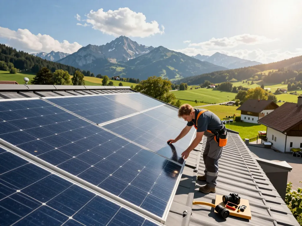 Techniker für Photovoltaik in Bayern installiert Solarpanels auf einem bayerischen Dach und zeigt nachhaltige Energielösungen.