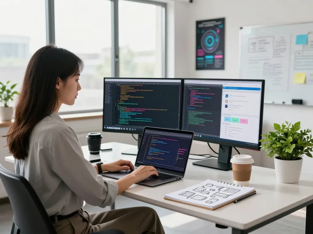 Entwicklerin, die in einem modernen Arbeitsumfeld codiert und effektive Techniken für das Erstellen einer eigenen Webanwendung zeigt.