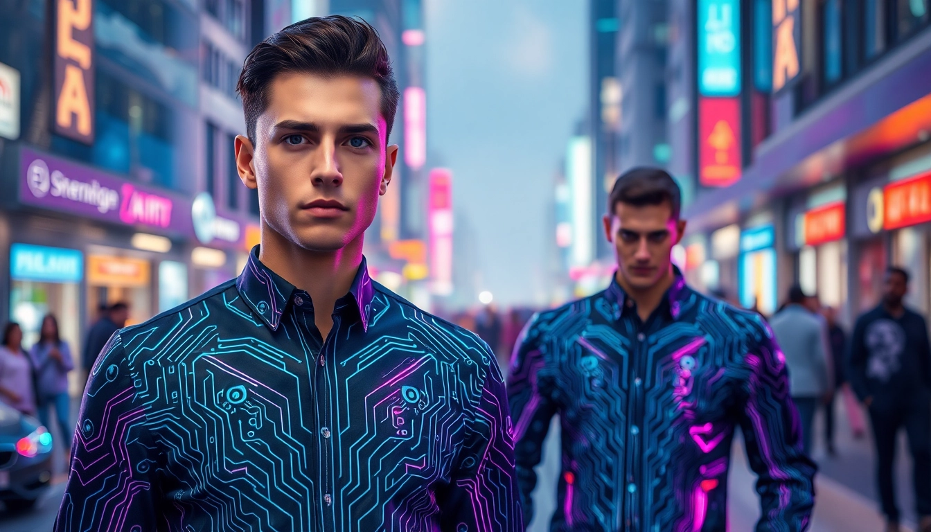 Elegante cyberware shirt designs auf einem Modell in urbaner Umgebung, futuristische Muster erstrahlen.