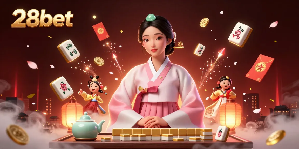 Experience 28bet's vibrant casino world through an elegant illustration featuring games, decorations, and serene character.