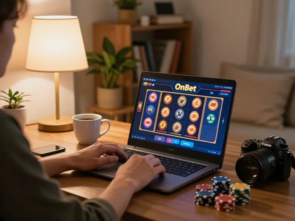 Engaging gameplay on OnBet, showcasing online slots in a cozy home setup.