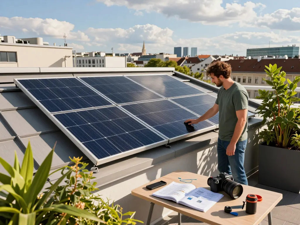 Photovoltaik Wien Solarpanel-Installation auf einem Wiener Dach, die erneuerbare Energie und modernes Leben präsentiert.