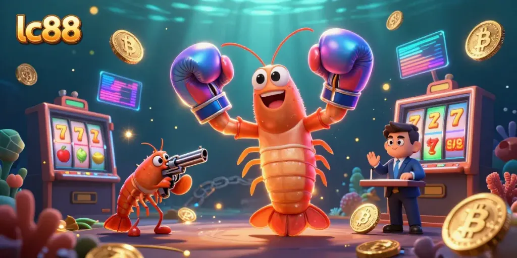 Play casino games with lc88's 3D cartoon mantis shrimp and shrimp sidekick in vibrant underwater scene.