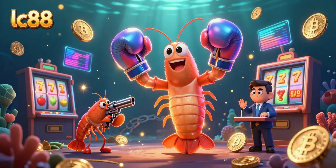 Play casino games with lc88's 3D cartoon mantis shrimp and shrimp sidekick in vibrant underwater scene.