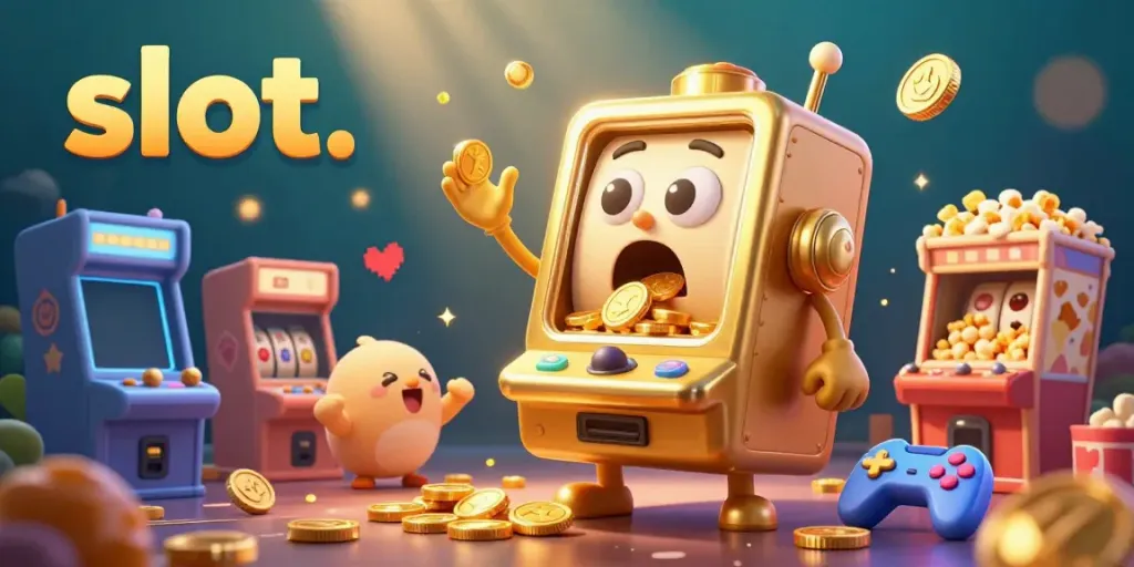 Experience the excitement of slot machines with animated golden machines celebrating jackpots and coins flying in the air.