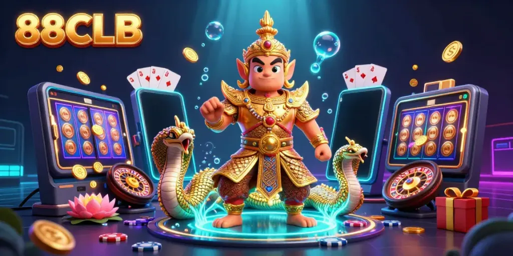 88CLB features a 3D guardian with a golden Naga, showcasing casino games and vibrant elements around.