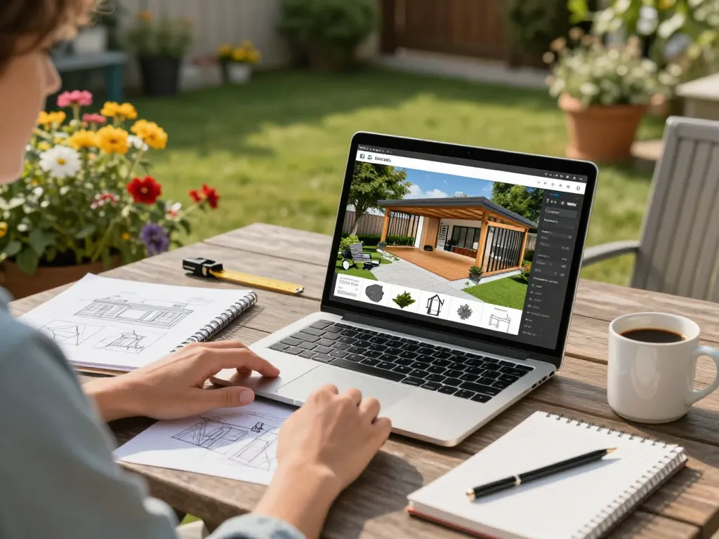 Hausbesitzer verwendet einen Veranda 3D Konfigurator, um einen individuellen Außenbereich mit Augmented-Reality-Visualisierung zu gestalten.