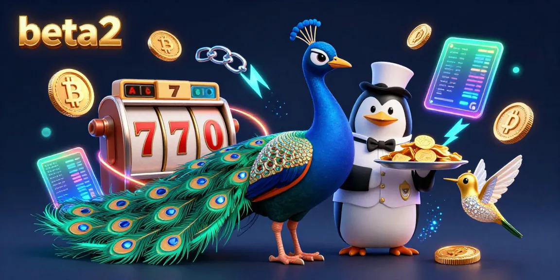 Experience the excitement at beta2 with vibrant slot games, featuring a peacock and golden chips.