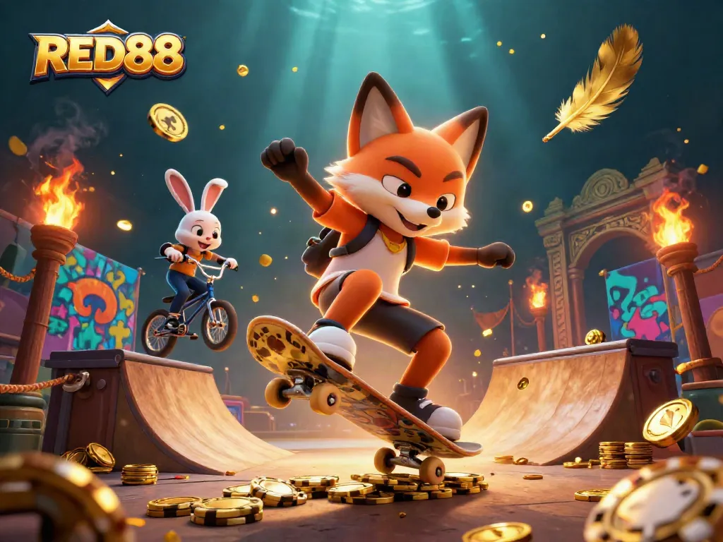 Experience dynamic gaming action at RED88 with vibrant fox and rabbit characters amidst casino elements.