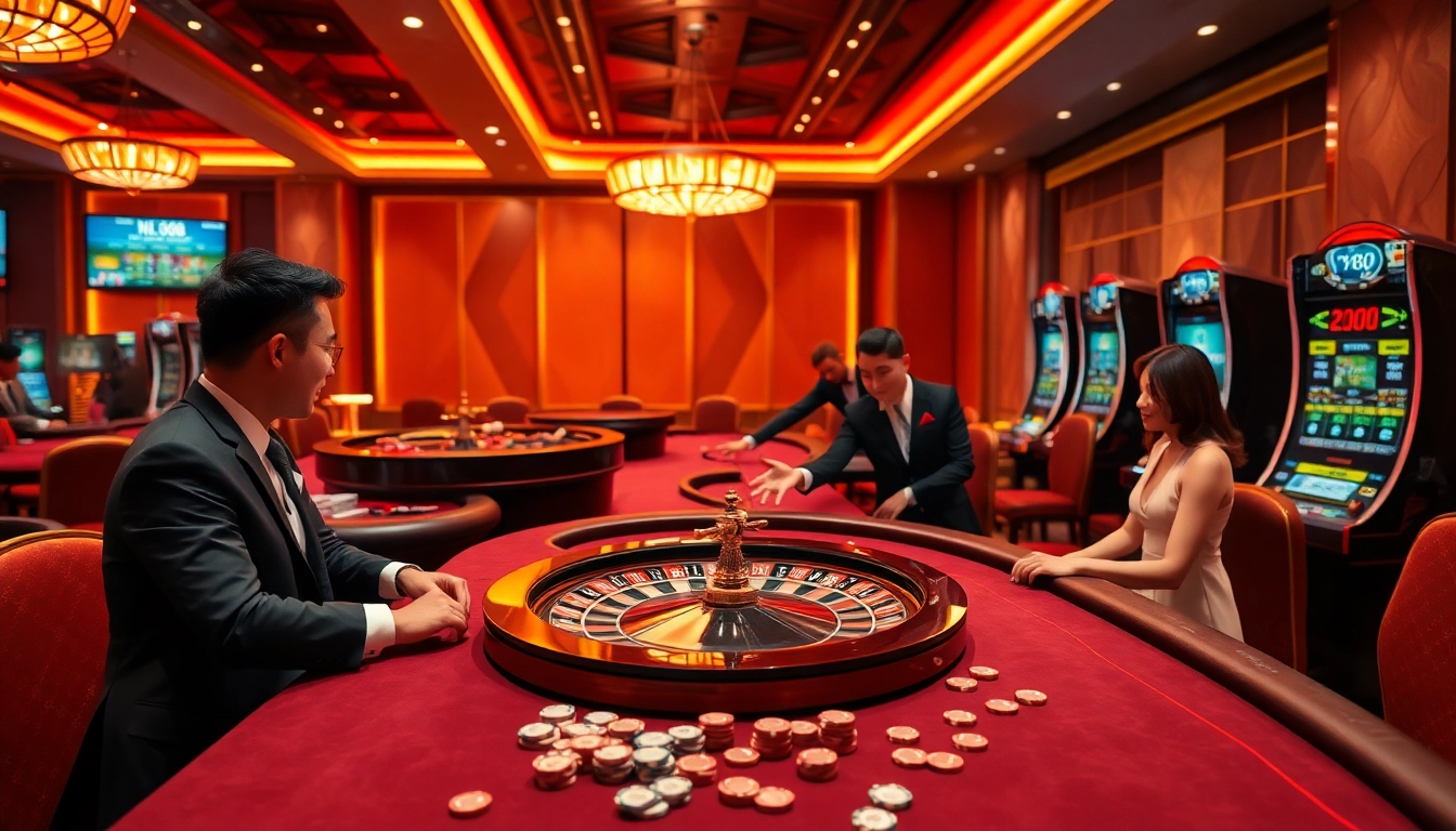 Engaging scene showcasing Nhà cái MV88 with vibrant casino tables, dealers, and online gambling excitement.
