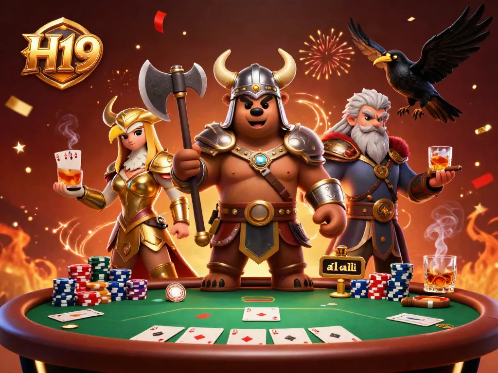 Join the excitement of H19 with a vibrant casino scene featuring our Viking bear and Valkyrie warrior!