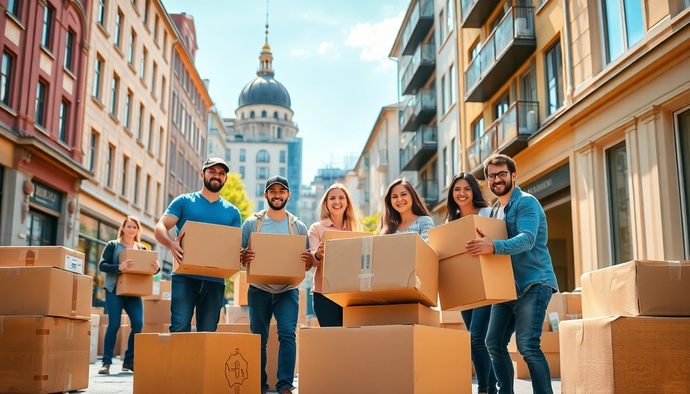 Berlin Umzugsunternehmen packen Umzugskartons in sonniger Umgebung in Berlin.